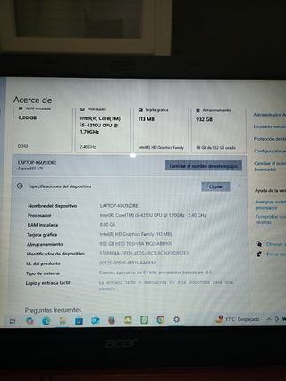 Portátil Acer i5 rojo - 1.7