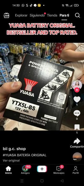 Batería YUASA YTX5L-BS Moto 12V