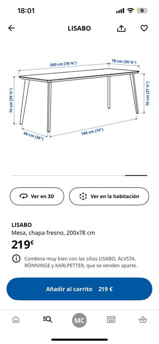 Mesa comedor IKEA Lisabo 200x78