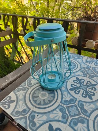 Farolillo porta vela Ikea. Farol color verde agua.