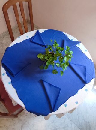Mantel redondo azul con 5 servilletas y tapete.