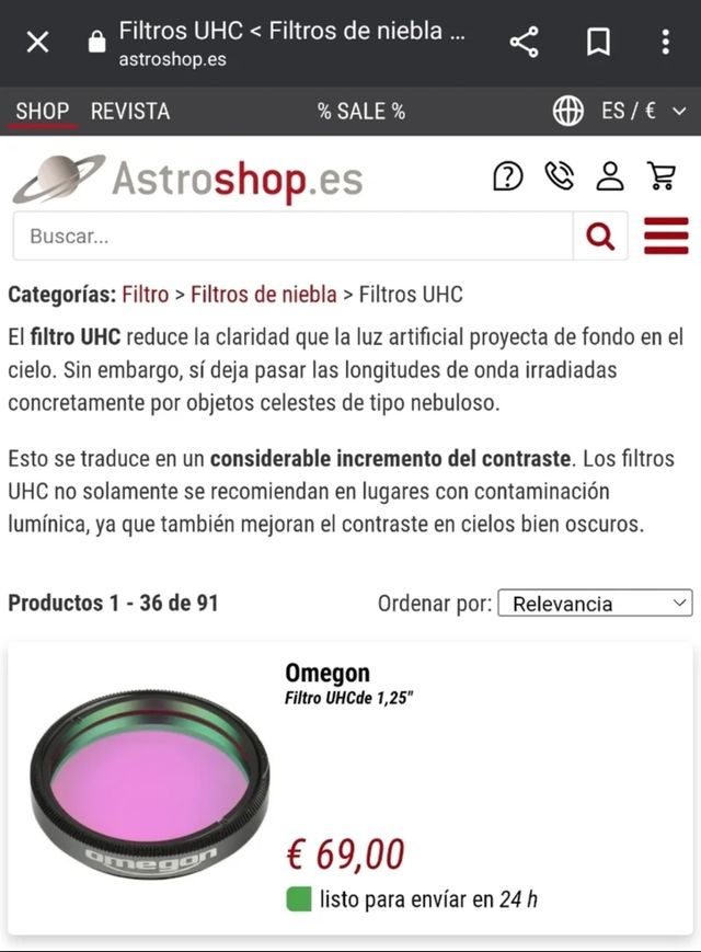 Filtro UHC 1.25", telescopio. Astronomía.