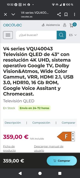 TV Cecotec QLED 4K 43" - NUEVA en su caja.

