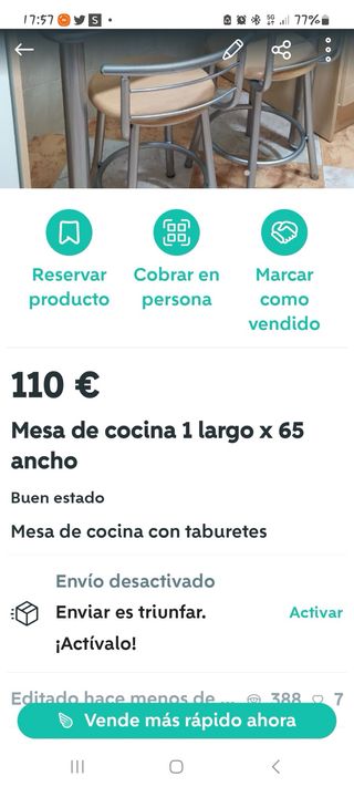 Mesa cocina 1m x 65cm + 2 taburetes