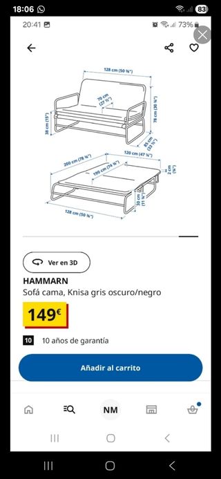 Sofá cama gris - plegable Hammarn