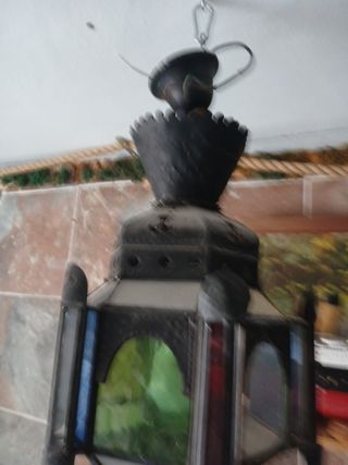 Lampara antigua de metal y cristal