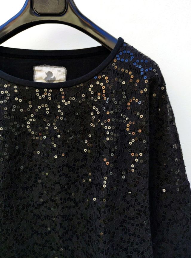 Duck Farm Black Cotton Paillettes Lace Crewneck L
