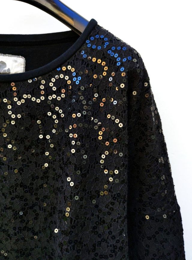 Duck Farm Black Cotton Paillettes Lace Crewneck L