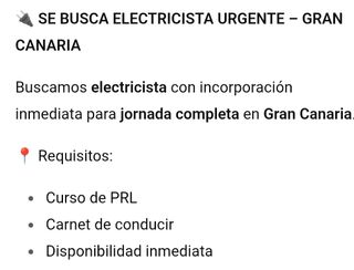 SE BUSCA ELECTRICISTA URGENTE EN GRAN CANARIA