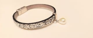 Pulsera señora cuero perla - negra plata