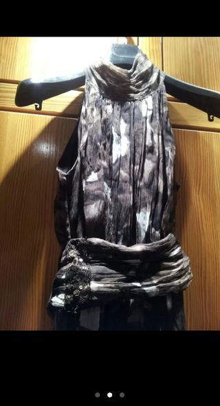 Vestido fiesta marrón-blanco