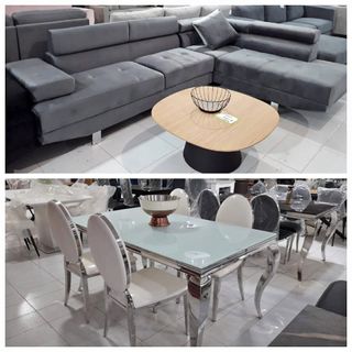 Sofá rinconera gris + mesa centro + juego comedor