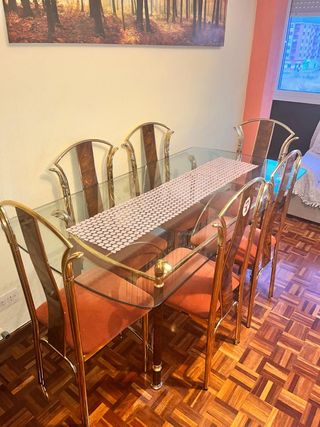 Mesa cristal dorada 6 sillas