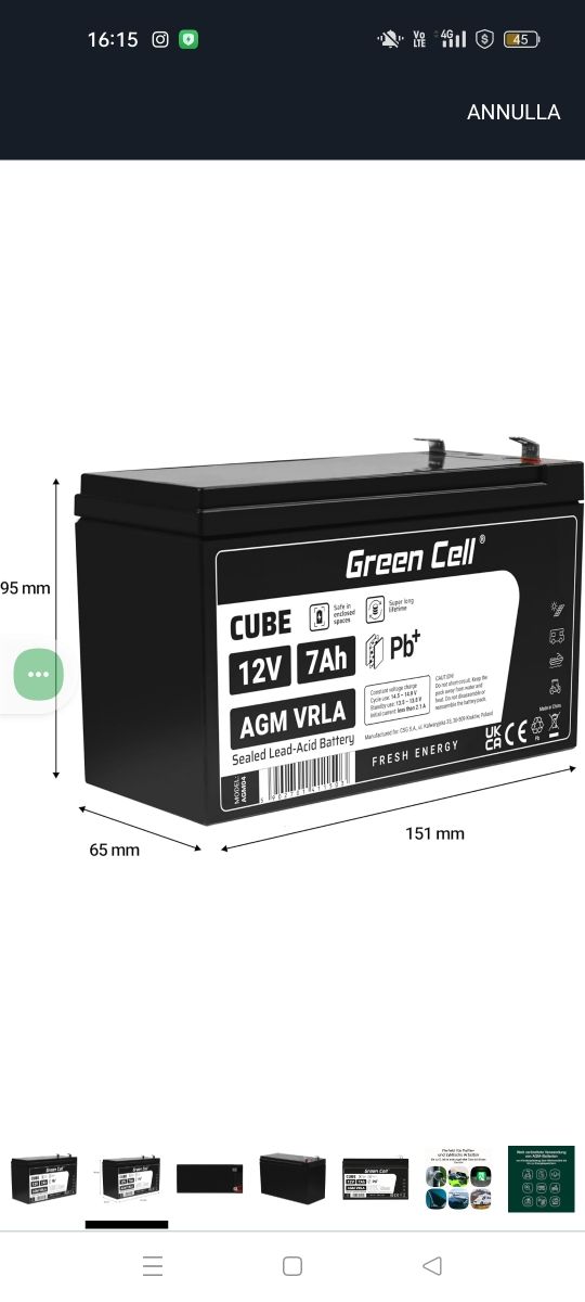 Batteria Green Cell Cube 12V 7Ah AGM VRLA