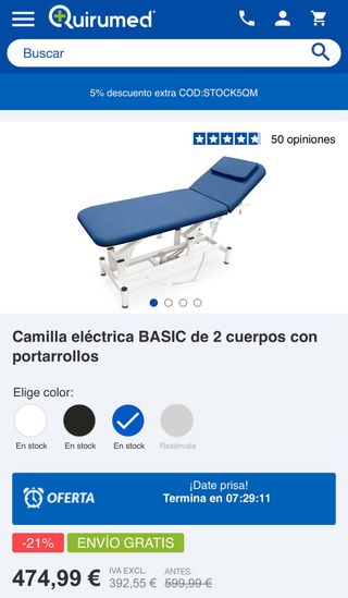 Camilla eléctrica de 2 cuerpos con  portarrollos