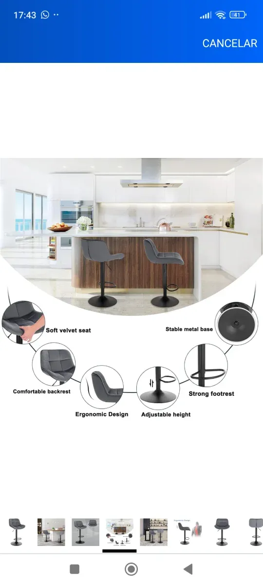 ✅Taburete Bar cocina alto terciopelo gris nuevo