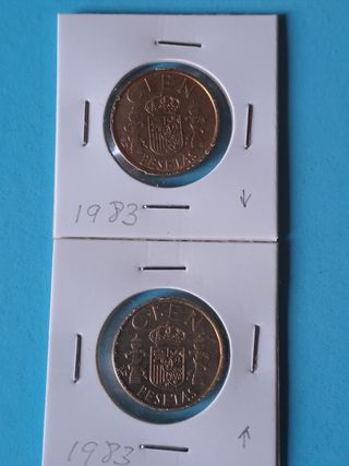2 Monedas 100 Pesetas España 1983.   Flores de lis