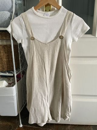 Mono corto lino beige y blanco - Conjunto