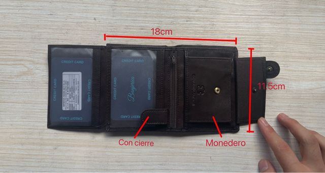 Cartera de piel marrón oscuro con cierre,nuevo