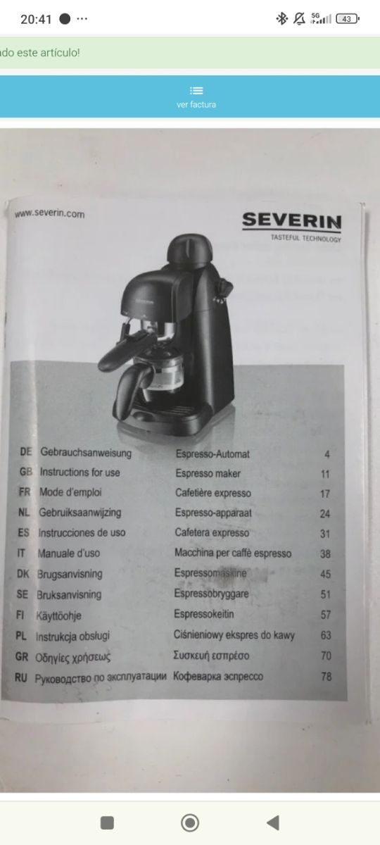 Cafetera Espresso Severin 3,5 B Precio tienda 88€