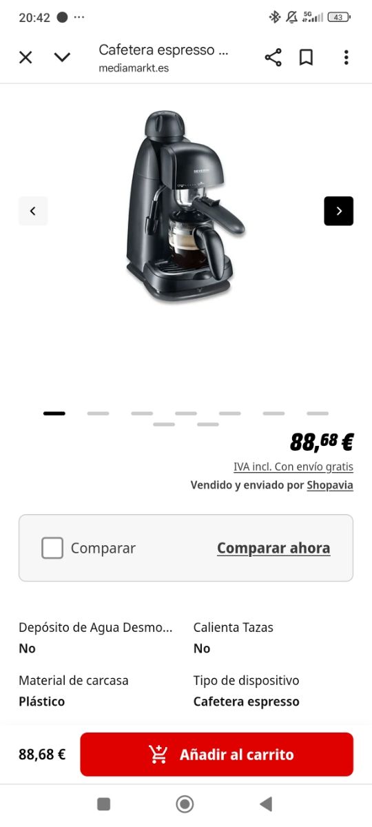 Cafetera Espresso Severin 3,5 B Precio tienda 88€