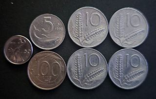 Monete Lire italiane - 5, 10, 50, 100