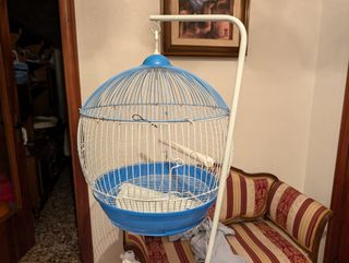 Jaula pajaros azul y blanca