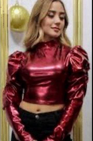 Top rojo metalizado - hombros abullonados