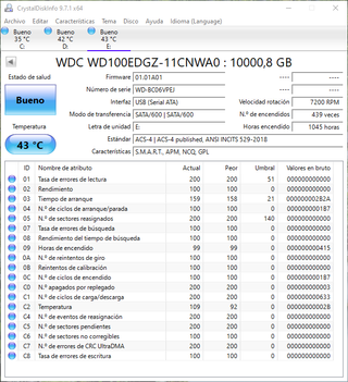 Disco Duro Externo WD Elements 10TB. Horas uso: 99