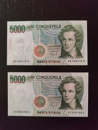 Lotto 2 banconote 5000 lire Repubblica Italiana 