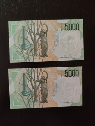 Lotto 2 banconote 5000 lire Repubblica Italiana 