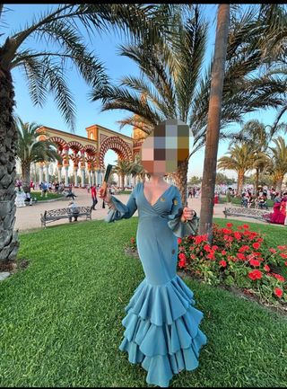 Traje gitana - Teal con lunares dorados