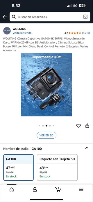 Cámara deportiva WOLFANG GA100 4K