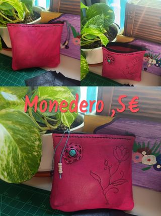 Monedero Cuero Rosa hecho a mano