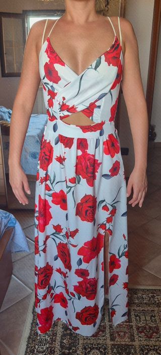Vestito lungo floreale rosso e bianco