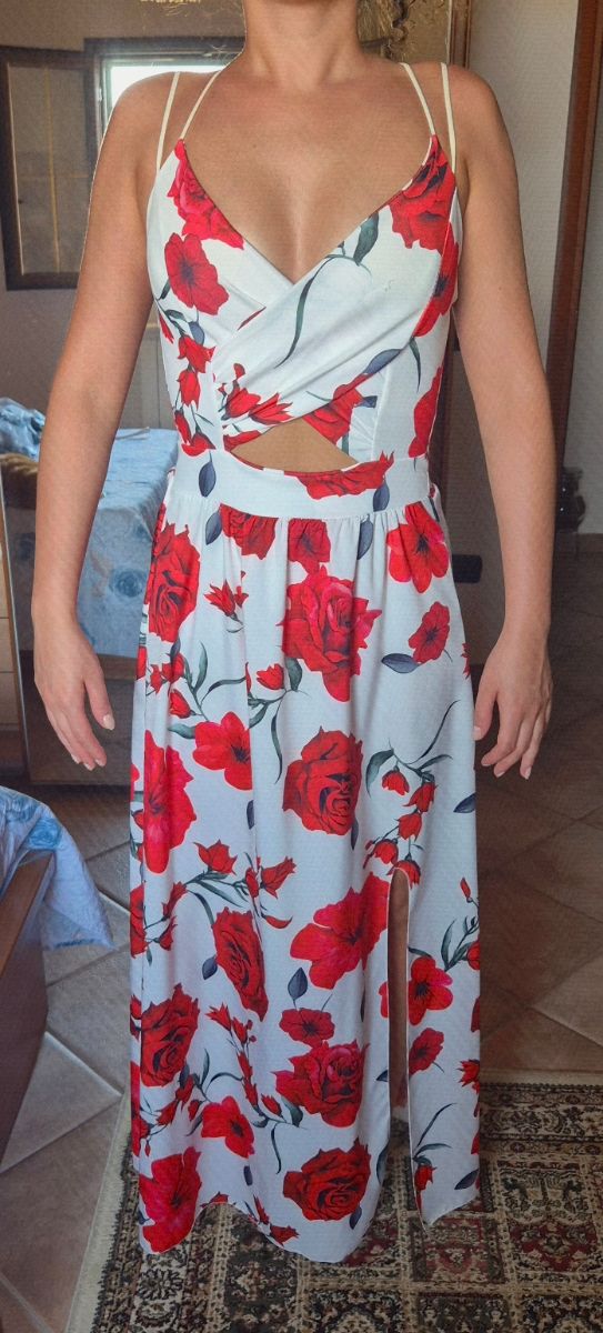 Vestito lungo floreale rosso e bianco
