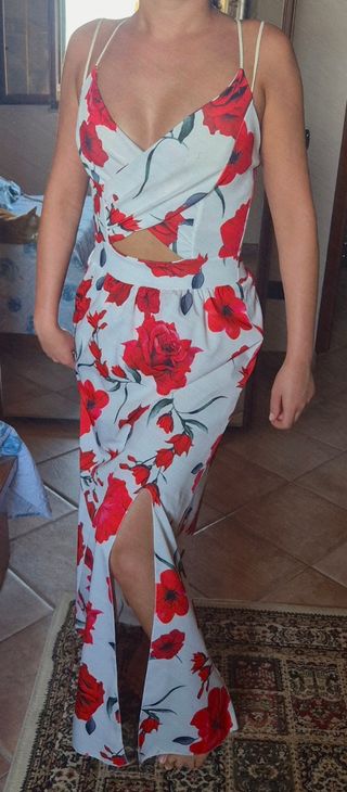 Vestito lungo floreale rosso e bianco