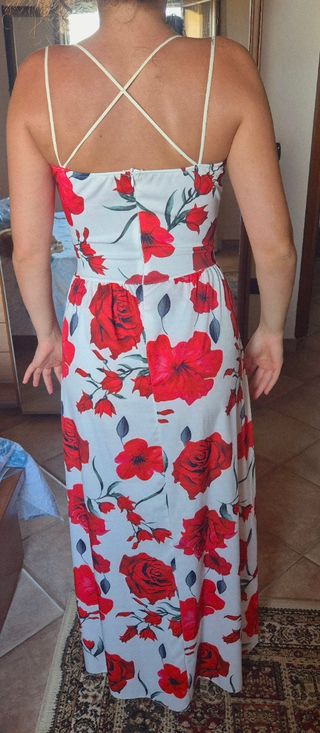 Vestito lungo floreale rosso e bianco