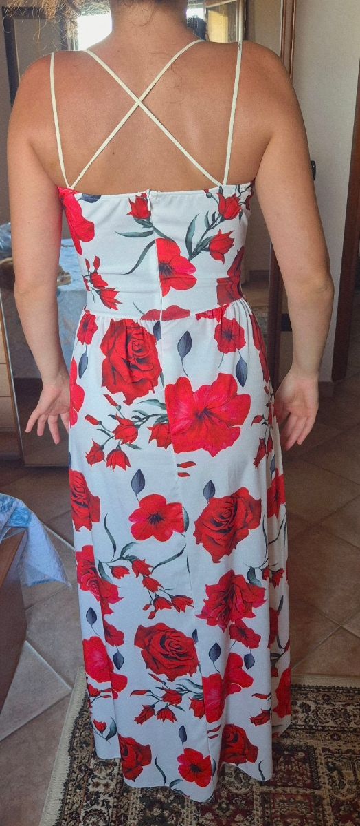 Vestito lungo floreale rosso e bianco