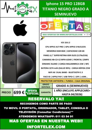 iPhone 15 PRO 128GB - Titanio nero - Usato