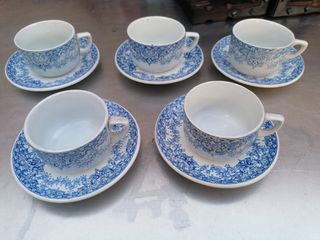 Juego 5 tazas porcelana azul y blanco