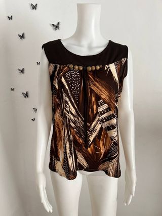 Blusa sin mangas marrón y beige