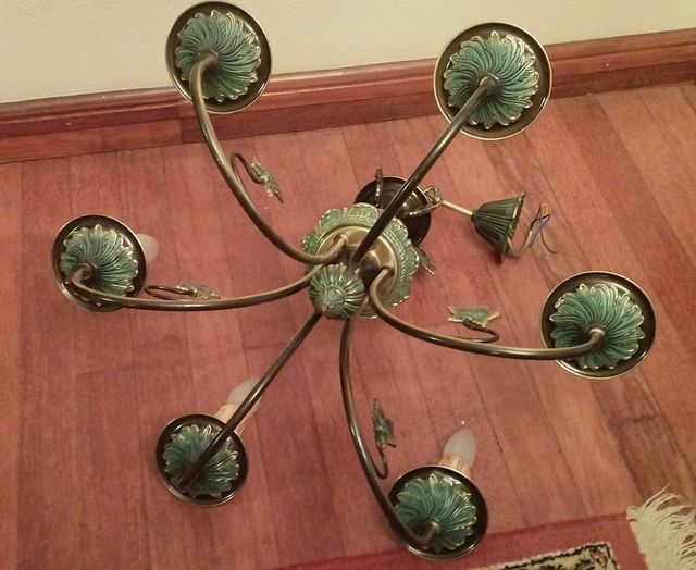 Araña 5 luces - Forja dorada y verde