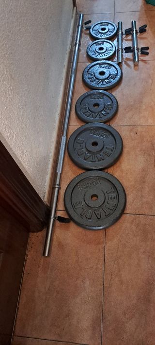 PESAS 66KG KIT BARRA LARGA DISCOS 10KG 5KG 3K