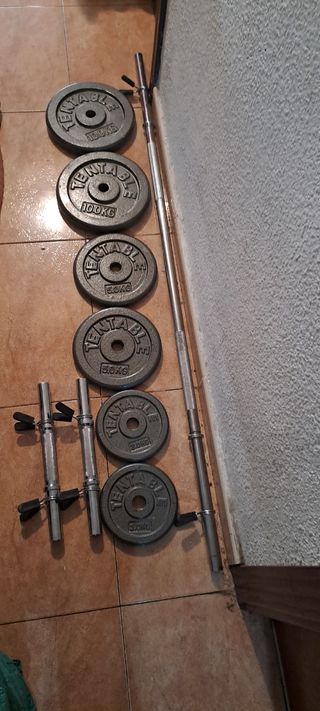PESAS 66KG KIT BARRA LARGA DISCOS 10KG 5KG 3K