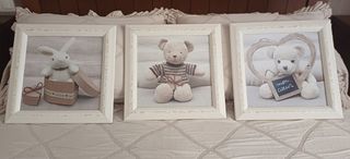 3 Quadri in legno bianchi + stampe per bambini