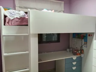 Cama. Cama alta SMÅSTAD, blanco/azul claro. Litera