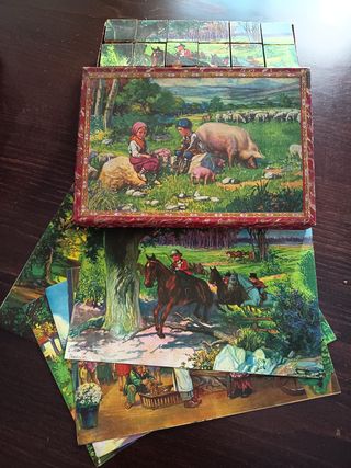 Antiguo juego rompecabezas cubos de cartón vieux