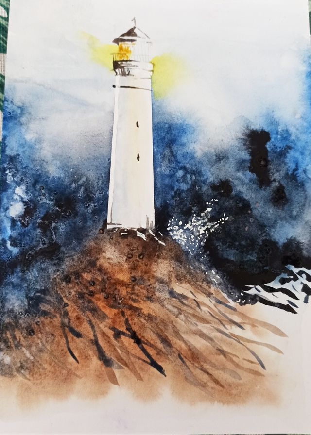 Acuarela: Faro en tormenta