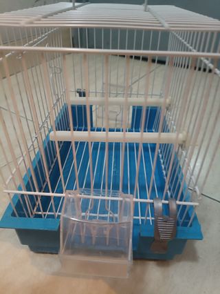 Jaula pajaros pequeña azul y blanca